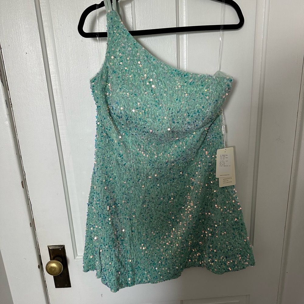 One-Shoulder Sequin Dress in Teal